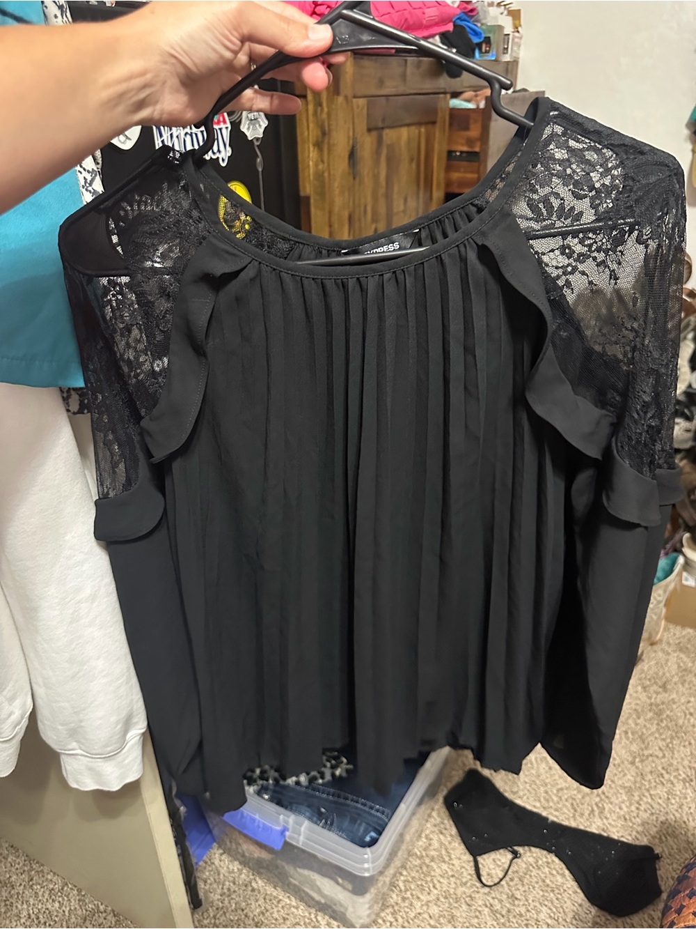 Express Black Lace Pleated Cold-Shoulder Blouse